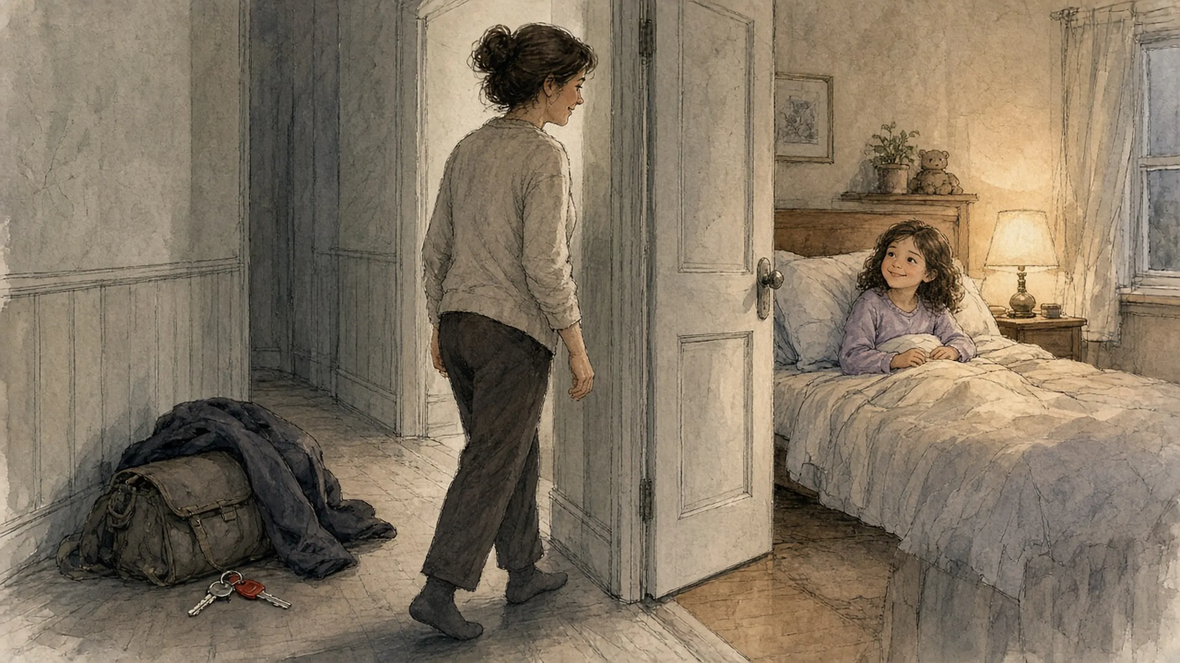 A woman home from work stepping into a child's bedroom, her bag and jacket dropped in the hall with red keys beside them, the girl smiling up from bed.