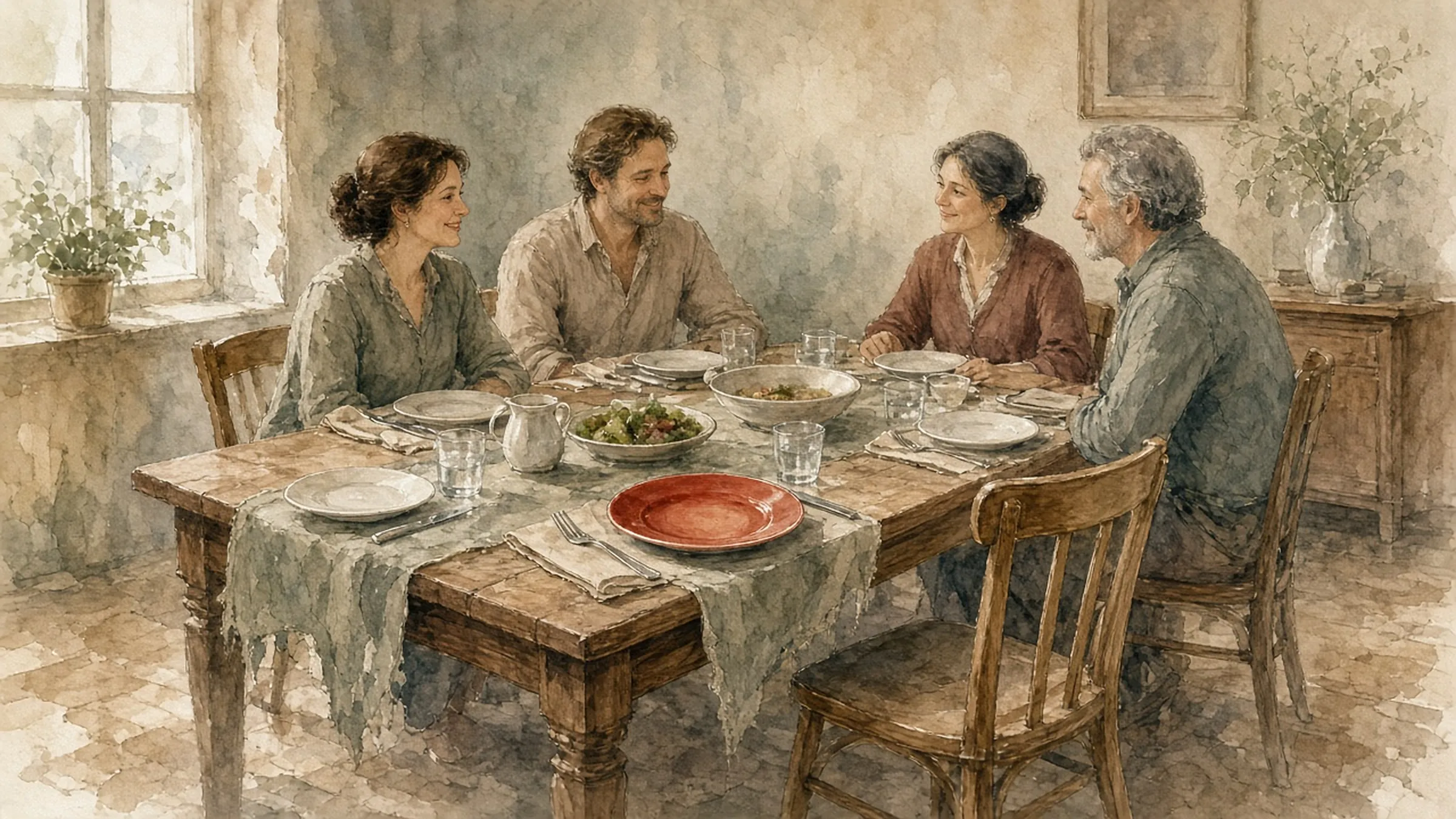 Four people at a table in the middle of a meal, with one more place set and a red plate waiting at it.