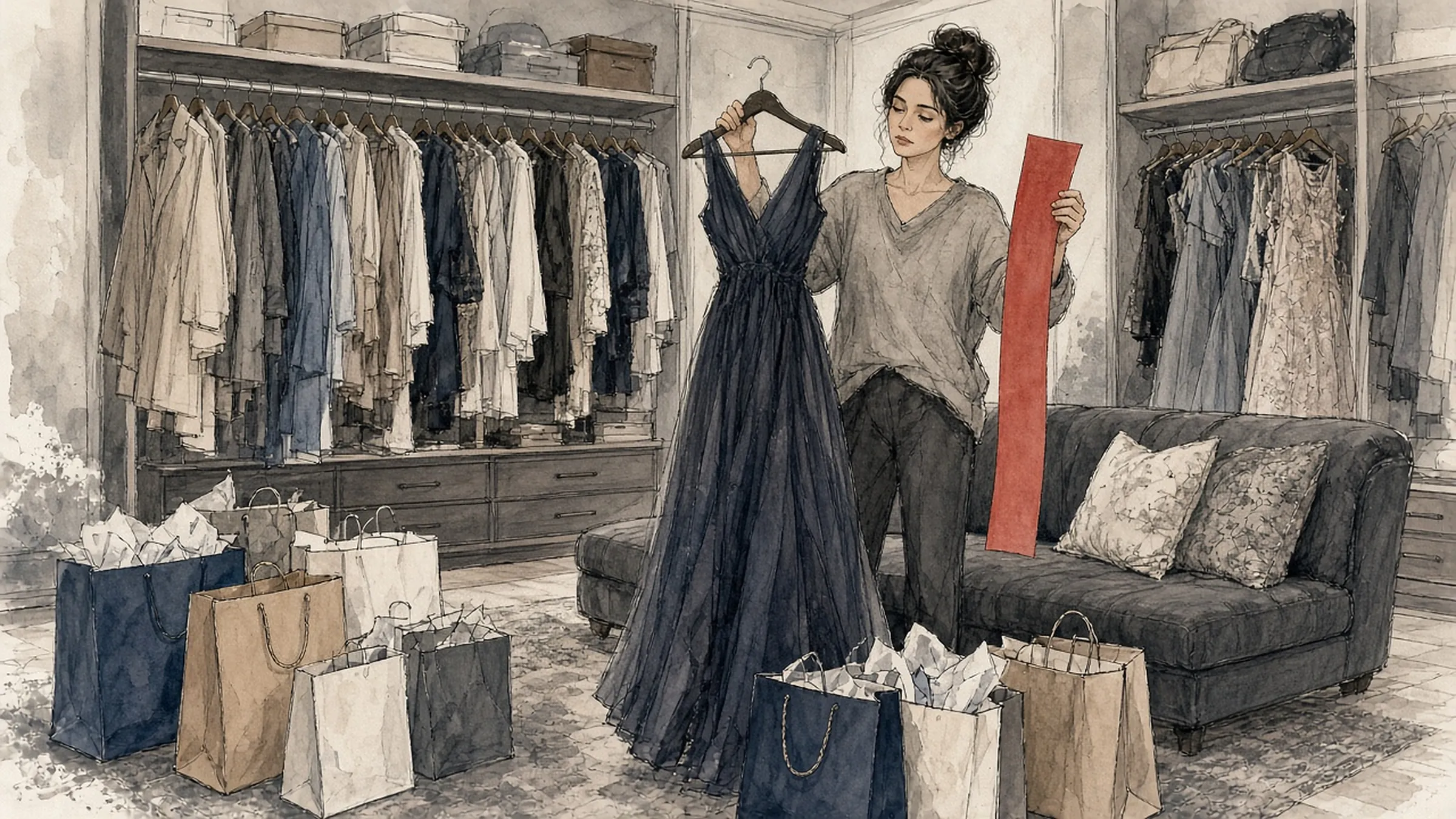 A woman in a closet packed with clothes and shopping bags, holding up another new dress and a long red receipt.