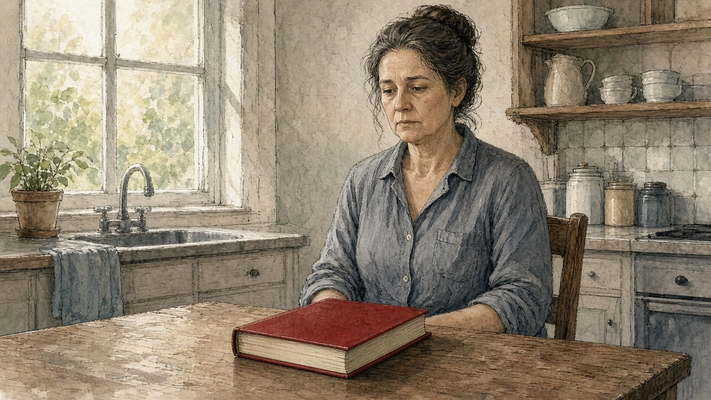A woman sitting alone at a kitchen table, eyes down, a closed red book in front of her.
