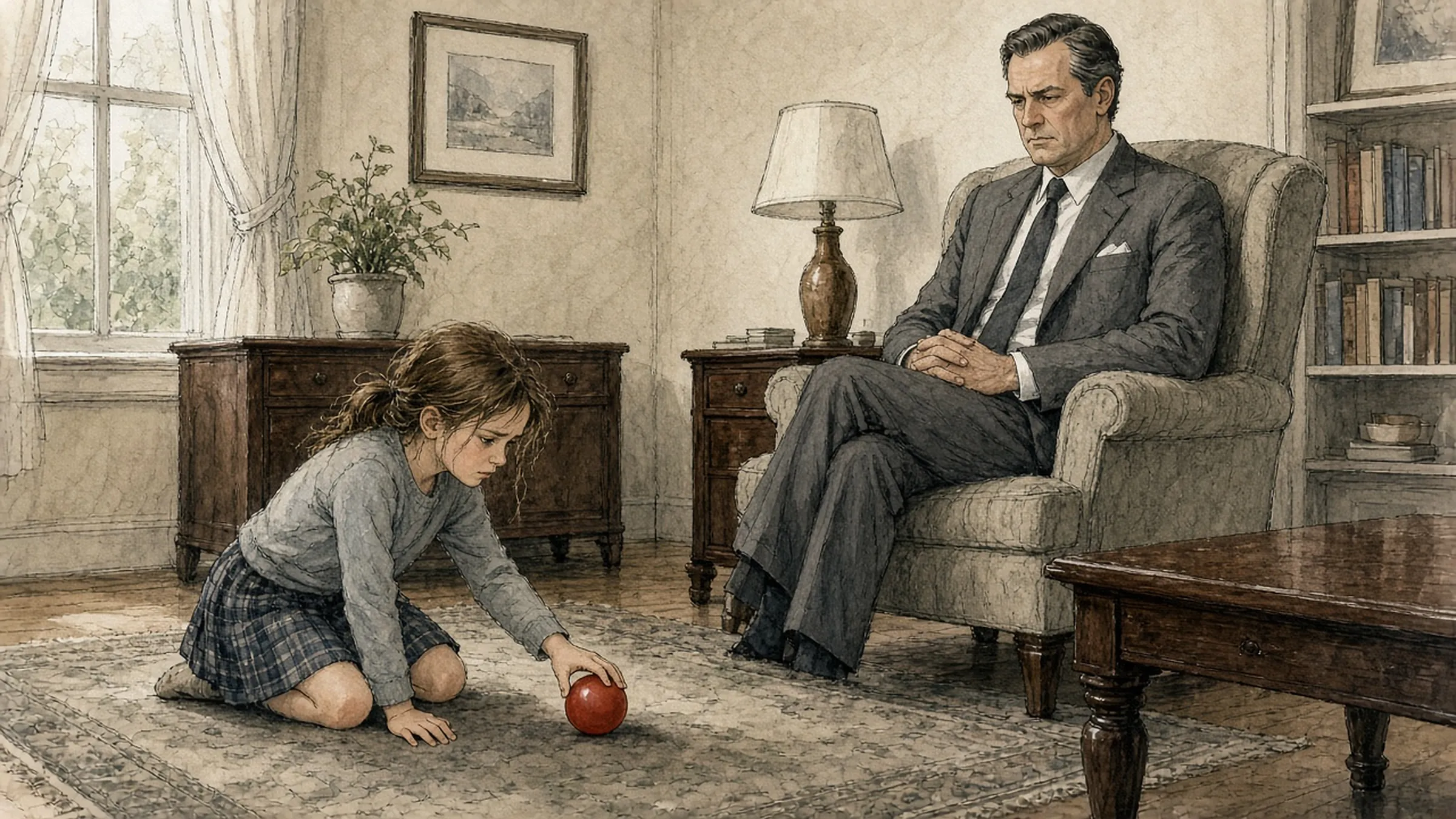 A girl kneeling on a rug reaching for a red ball, while a man in a suit watches from an armchair without smiling.
