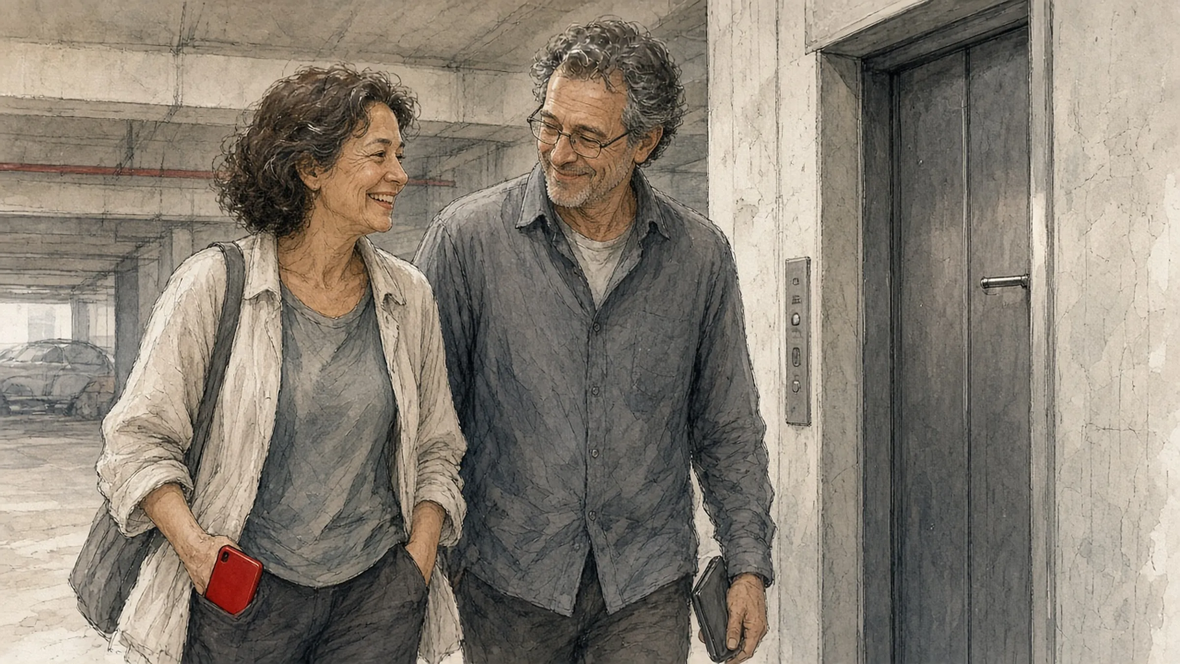 A couple walking and laughing toward an elevator in a parking garage, her red phone going into her pocket.