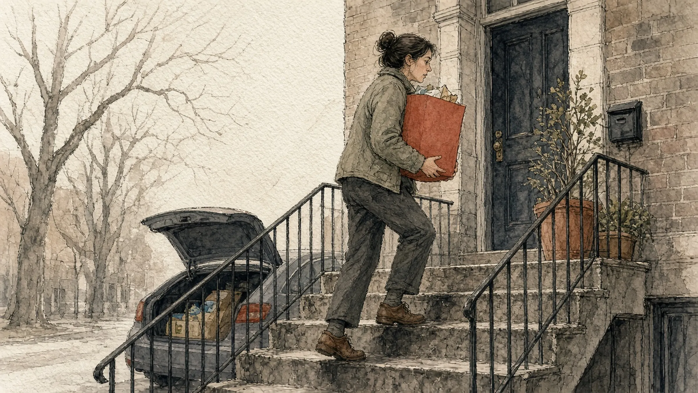 A woman carrying a red bag of groceries up the front steps of a house, the car trunk open behind her with more bags inside.