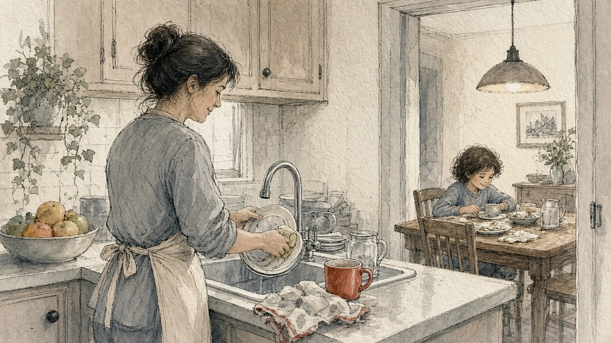 A kitchen after a meal. A woman in an apron stands at the sink washing a plate, her back to the room. Through the doorway behind her a girl sits at the table among the plates from dinner, beside an empty chair. Ivy trails down the wall by a bowl of fruit, a framed picture and flowers stand in the next room, and a red mug sits forgotten on the counter.
