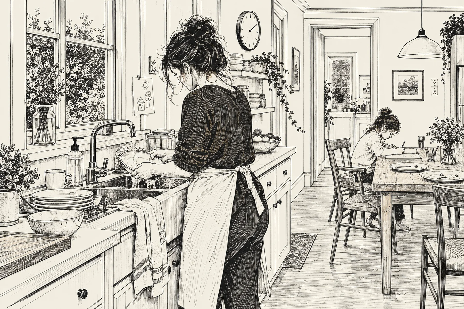 A kitchen after a meal. A woman stands at the sink washing a plate under a running tap, her back to the room. Behind her a child sits drawing at the table, where two used plates are still out. A clock hangs on the wall, a child's drawing is pinned by the window, and a mug sits forgotten beside the tap.