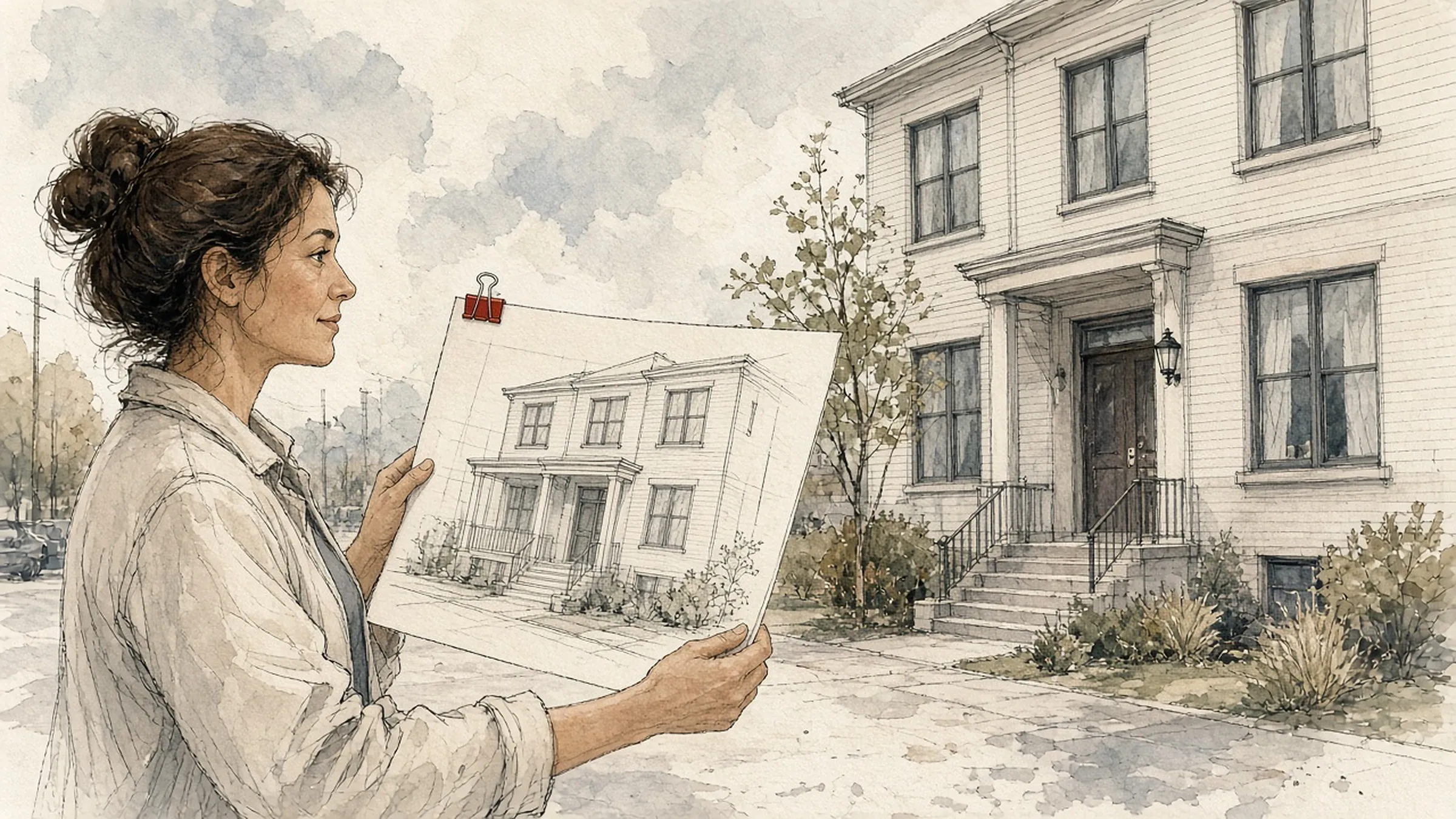 A woman holding her drawing of a house up against the finished house, a red clip at the top of the drawing.