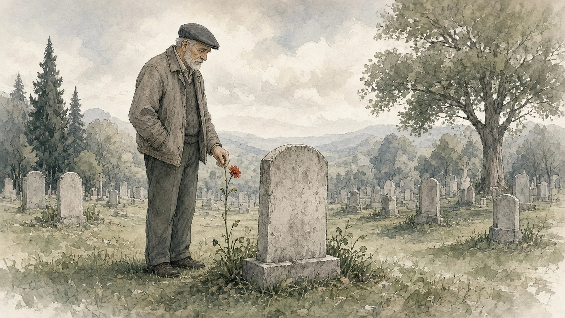 An old man standing at a gravestone, bending toward a red flower at its base.