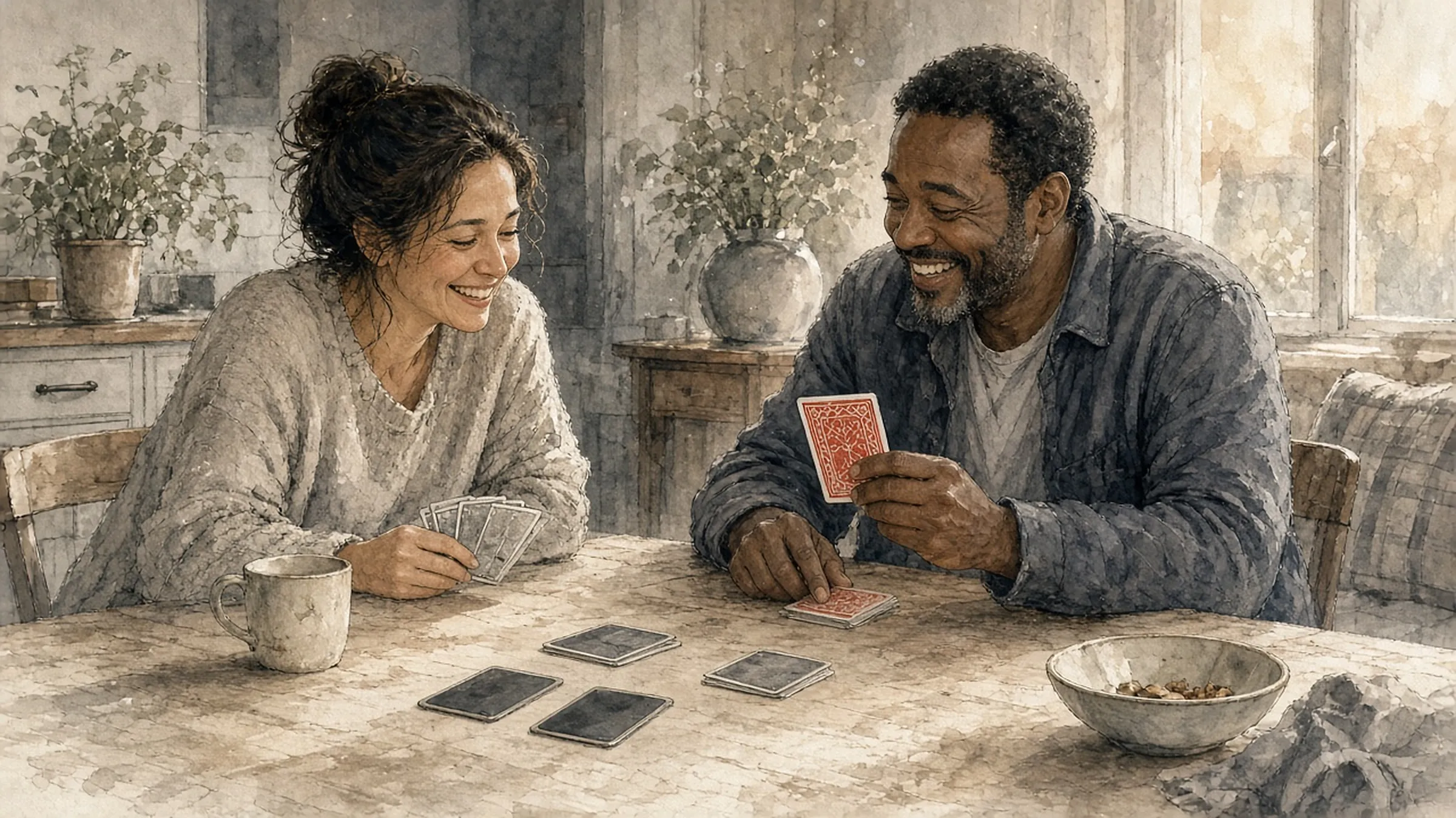A man and a woman laughing at a kitchen table over a game of cards, his card red.