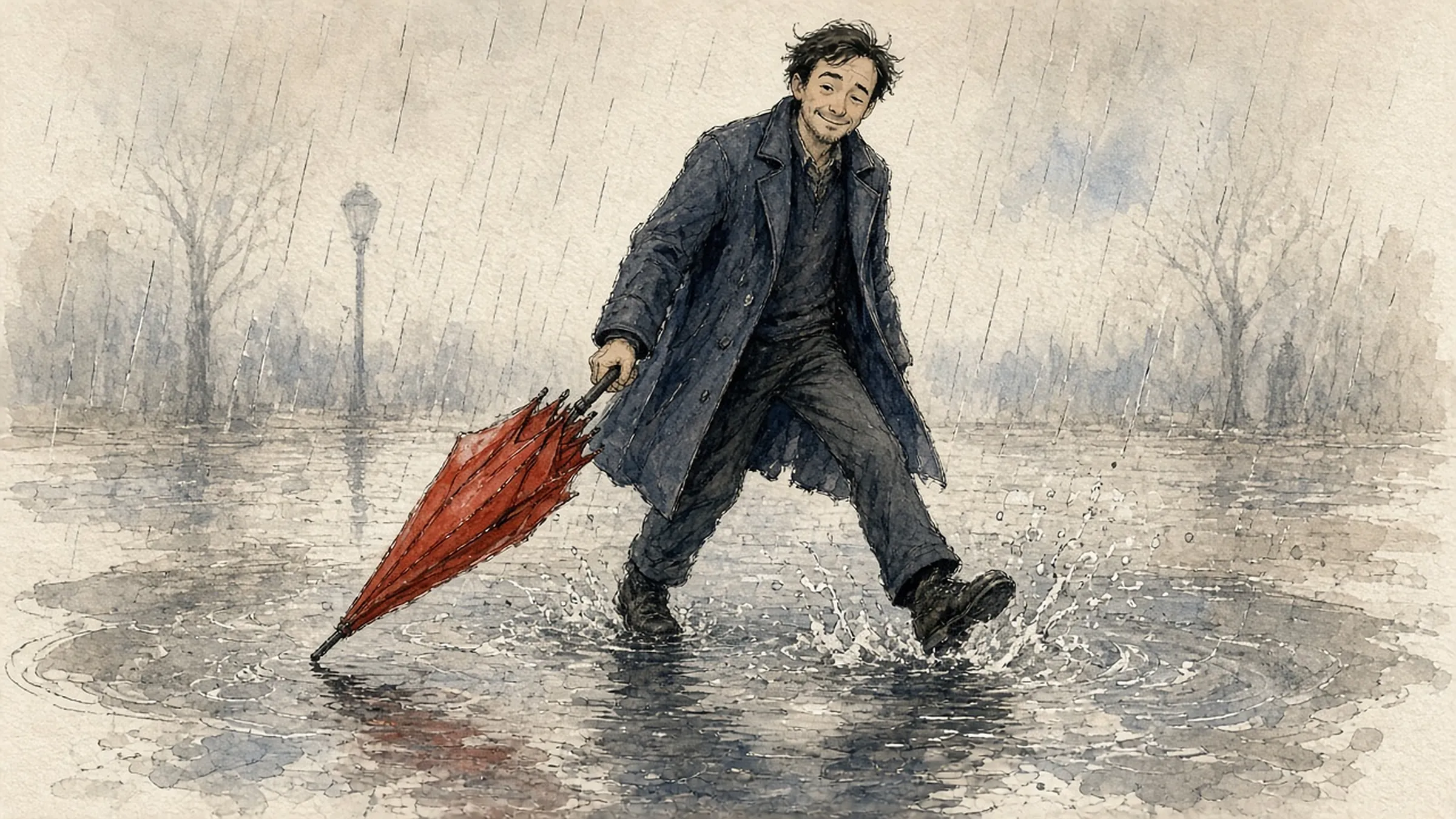 A man in a coat stepping through a puddle in the rain, smiling, his red umbrella closed in his hand.