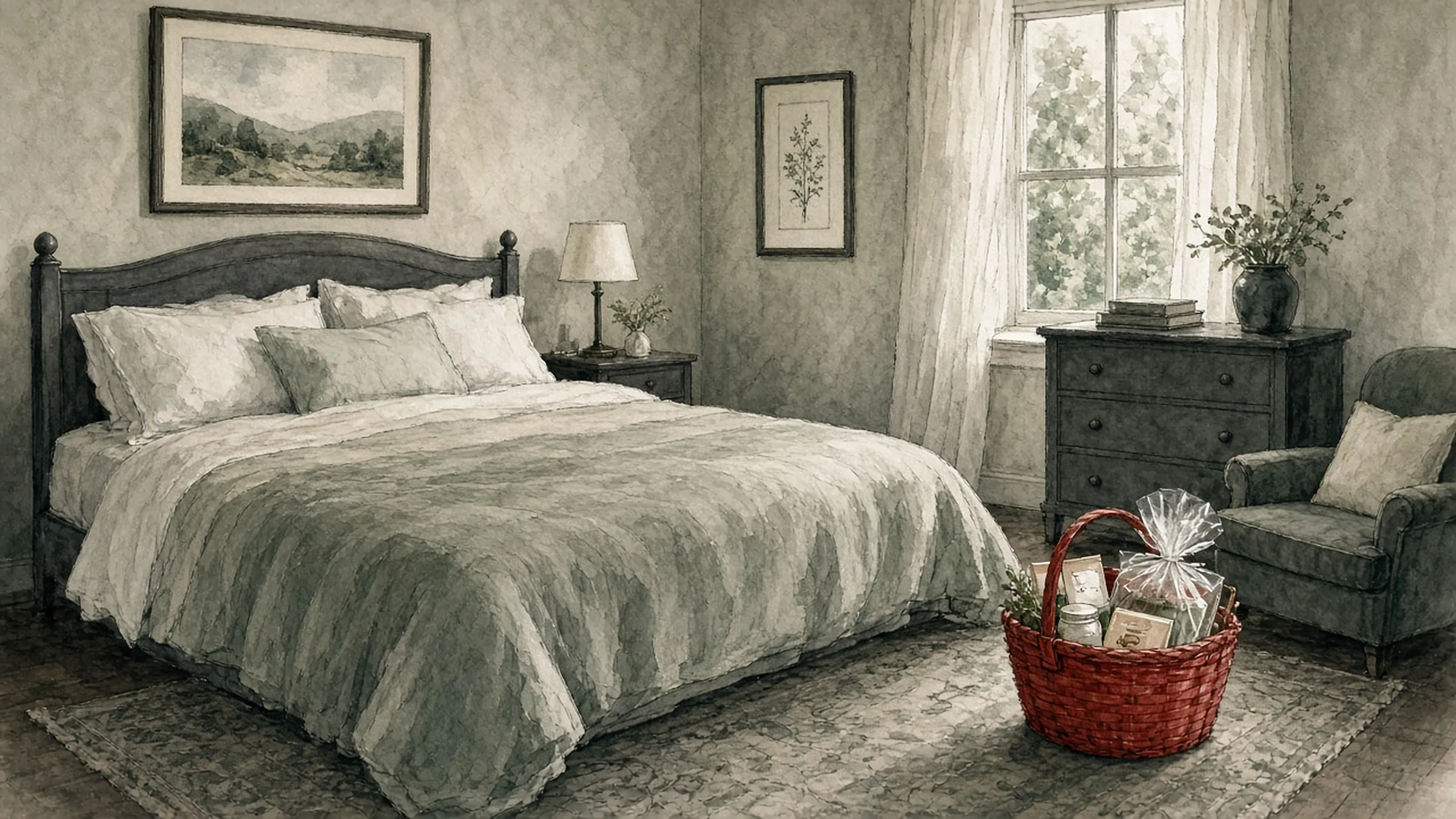 A spare bedroom made up for a guest, with a red basket of gifts on the rug by the bed.